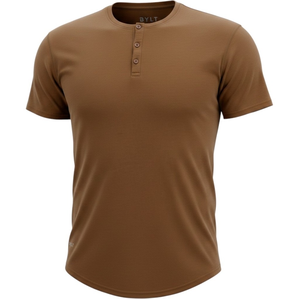 BYLT Basics Mens XL Henley Drop Cut LUX Brown Short Sleeve Stretch Shirt
